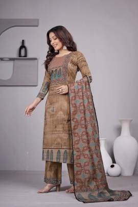 Beautiful Brown Kurti Pant Set With Dupatta