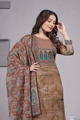 Beautiful Brown Kurti Pant Set With Dupatta
