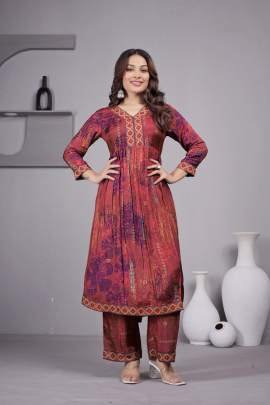 Beautiful Maroon Floral Silk Kurti Pant Set