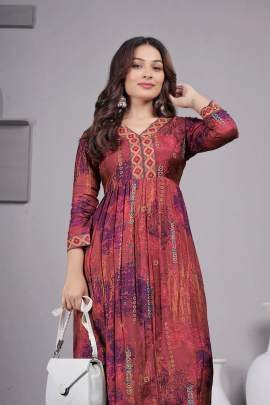Beautiful Maroon Floral Silk Kurti Pant Set