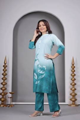 Designer Sky Blue Kurti Pant Set With Floral Print 