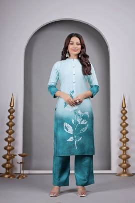 Designer Sky Blue Kurti Pant Set With Floral Print