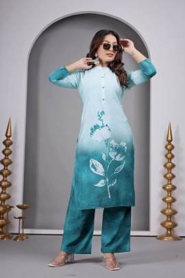 Designer Sky Blue Kurti Pant Set With Floral Print