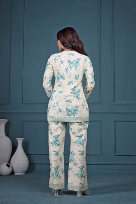 Elegent Beige Cord Set With Teal Floral Print