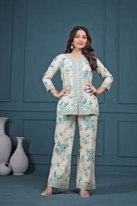 Elegent Beige Cord Set With Teal Floral Print