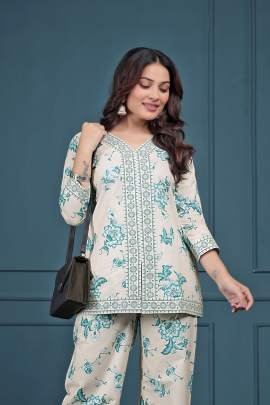 Elegent Beige Cord Set With Teal Floral Print