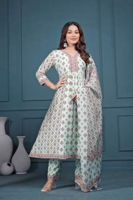 Floral Printed Empire Mirror Work Pure Cotton Anarkali Kurta With Trousers & Dupatta