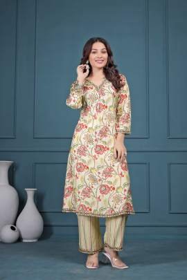 Printed Cream Floral Print Chinon Kurti 