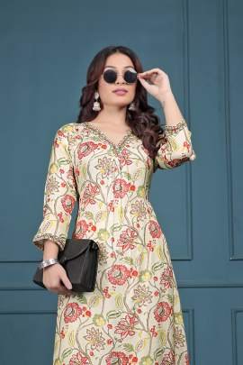 Printed Cream Floral Print Chinon Kurti