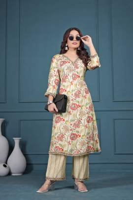 Printed Cream Floral Print Chinon Kurti