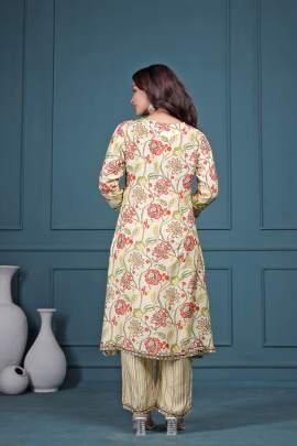 Printed Cream Floral Print Chinon Kurti