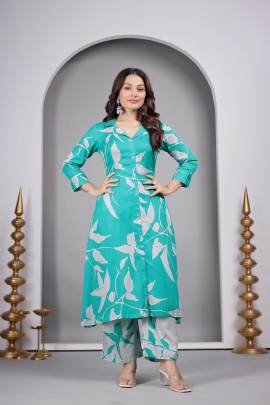 Turquoise Color Printed Kurti Pant Set