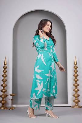 Turquoise Color Printed Kurti Pant Set